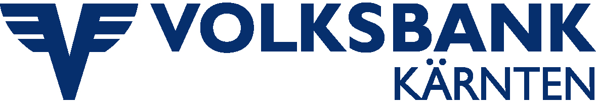 Das Logo der Volksbank Kärnten mit einem stilisierten blauen „V“ auf der linken Seite und dem Schriftzug „VOLKSBANK KÄRNTEN“ in fetten blauen Buchstaben.