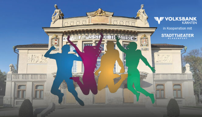 Fünf farbenfrohe Silhouetten von Menschen springen vor einem historischen Theatergebäude, an dessen rechter Seite Statuen und ein „Volksbank“-Logo zu sehen sind.