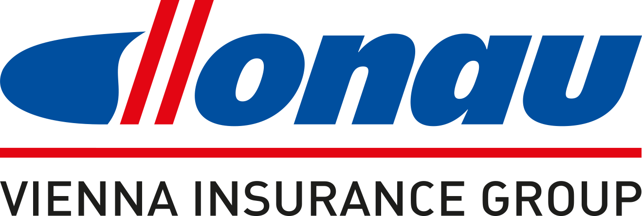Logo mit blauem Schriftzug „Donau“ und roten Streifen darüber sowie der Aufschrift „Vienna Insurance Group“ in schwarzer Schrift auf weißem Hintergrund.