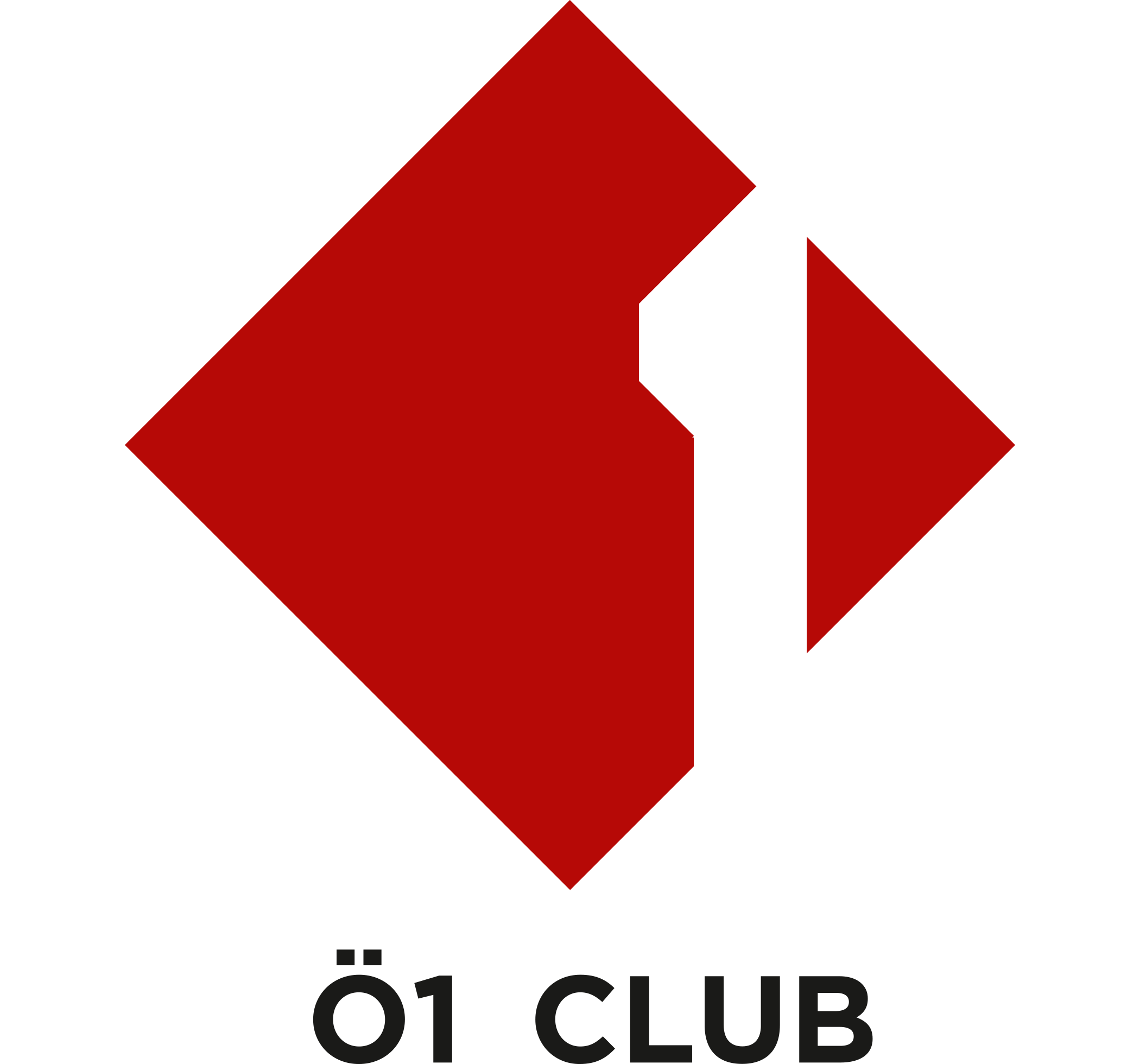 Ein rotes Diamant-Logo mit einer weißen, geometrischen „1“ oberhalb des schwarzen Schriftzugs „Ö1 CLUB“ auf hellgrauem Hintergrund.