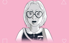 Ein illustriertes Schwarz-Weiß-Porträt einer Person mit kurzen Haaren, Sommersprossen und einer herzförmigen Brille vor einem rosa Hintergrund mit geometrischen Formen.