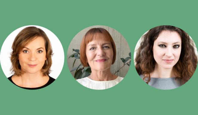 Drei Frauen, jeweils in einem runden Porträt dargestellt, mit unterschiedlichen Haarfarben, vor grünem Hintergrund.
